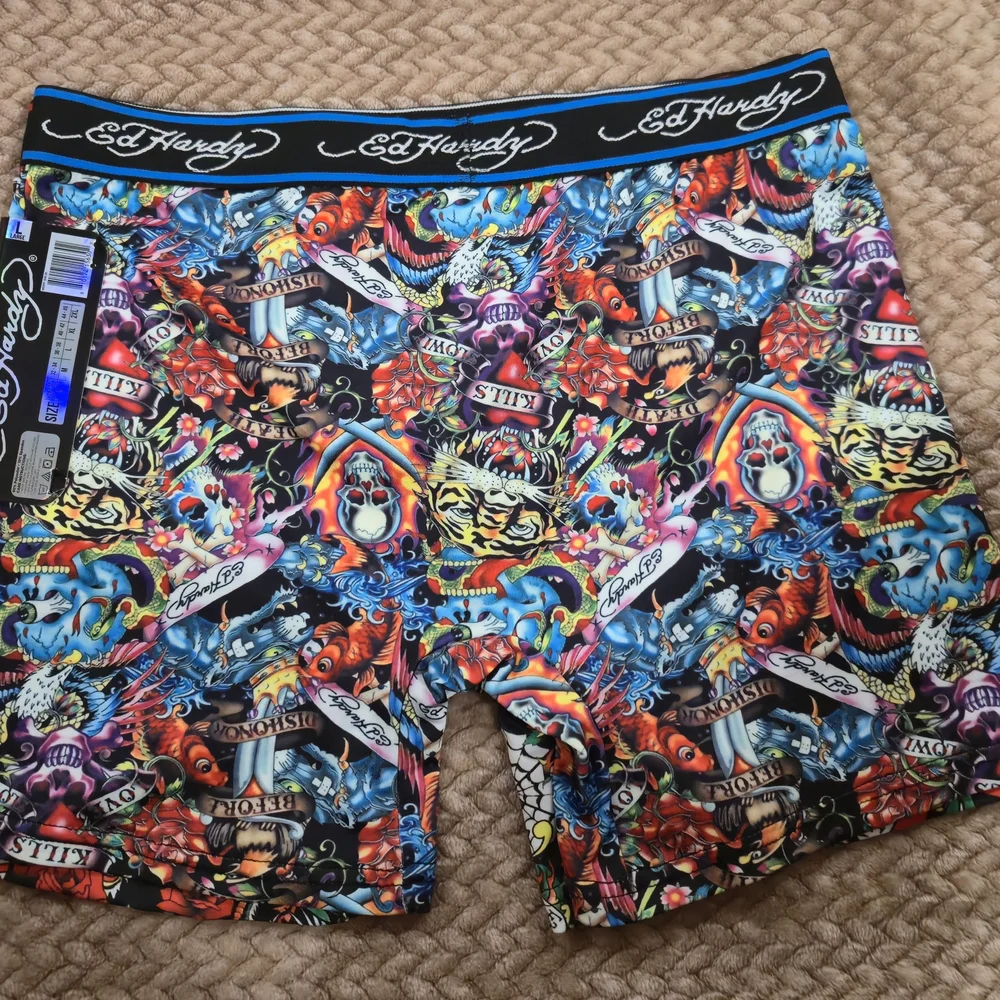 Ed Hardy Men's Performance Boxer Briefs Y2K Skulls Roses Pattern, 2-Pack, size L